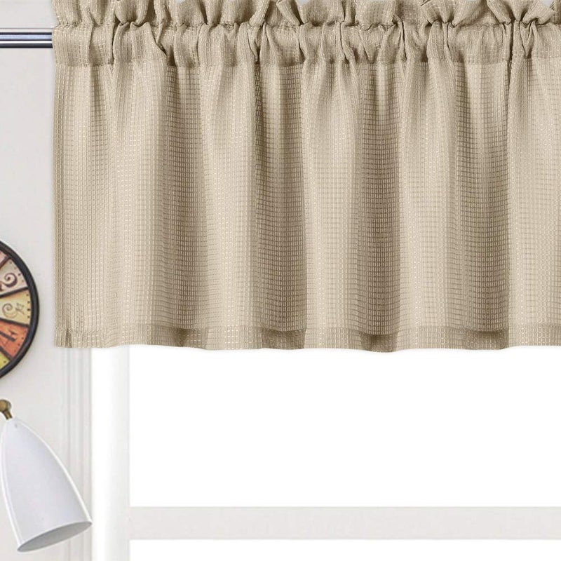NANAN 3 Pieces Cafe Curtain Setï¼ˆ2 Curtain Tier & 1 Valanceï¼‰, Waffle Woven Half Window Curtains for Bathroom Waterproof Kitchen Window Treatment Set, Plaza Taupe - Image 2